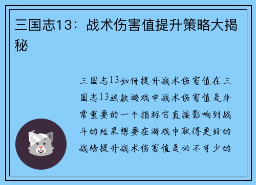 三国志13：战术伤害值提升策略大揭秘